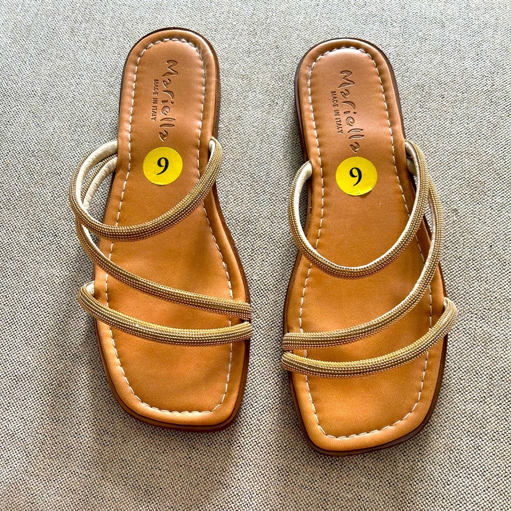 Strappy gold flat sandals. Size 9 Made in Italy